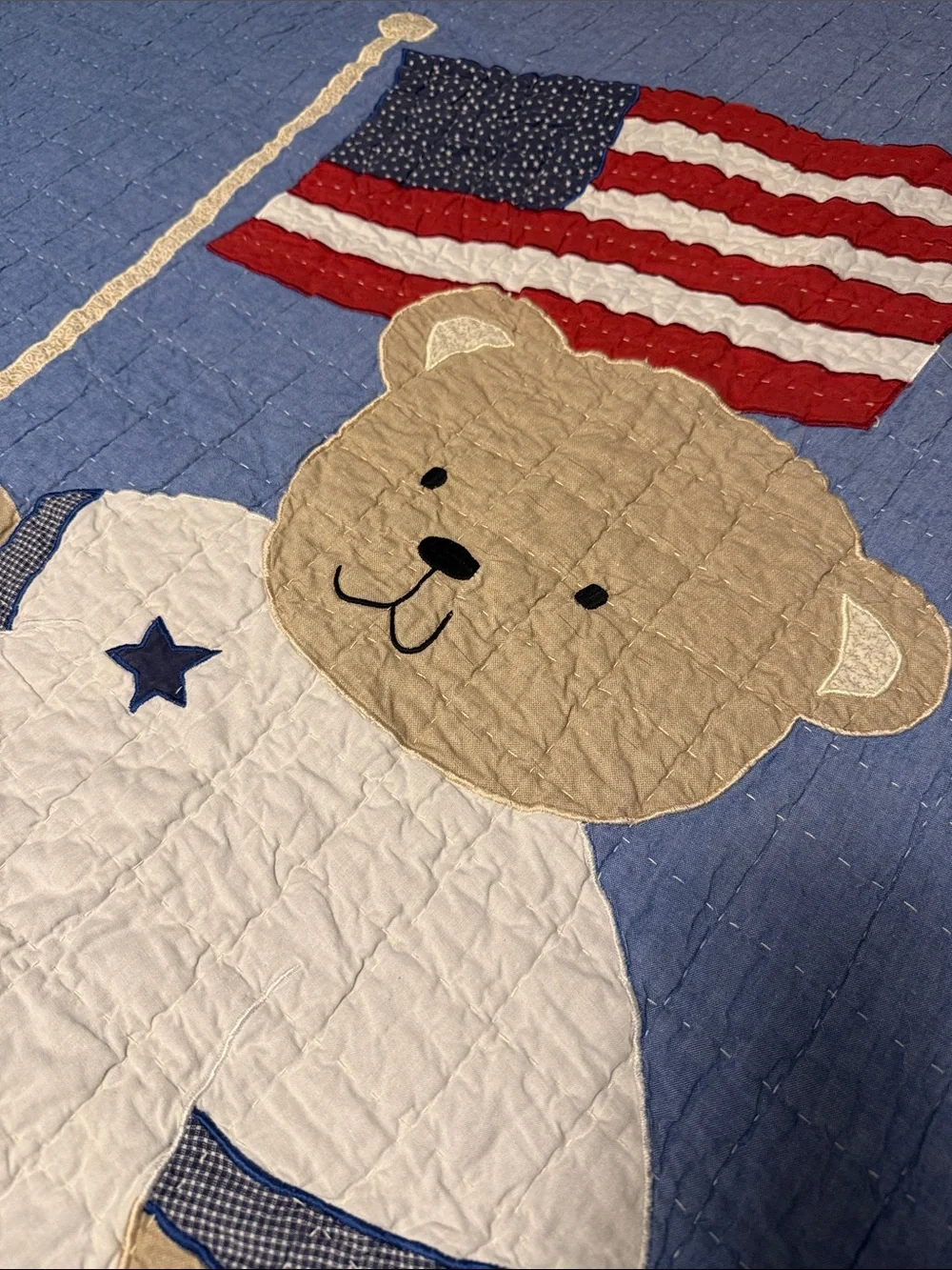Patriotic Hand Stitched Teddy Bear Quilt in Blue & Red - Double Sided - King